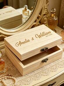 Personalized Wooden Storage Box With Hinged Lid, Customized Text Keepsake Box, Pine Wood Organizer Box Suitable For Jewelry, Photos, Souvenirs, Wedding Birthday Gift Box - Multicolor - View 6