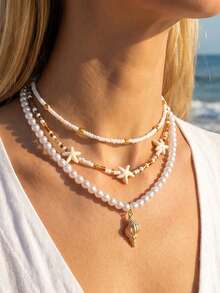 NAIZHU Set de 3 collares con colgante de estrella de mar y concha con estilo bohemio y oceánico, accesorios para mujer para uso diario, citas y vacaciones - Multicolor - Ver 1