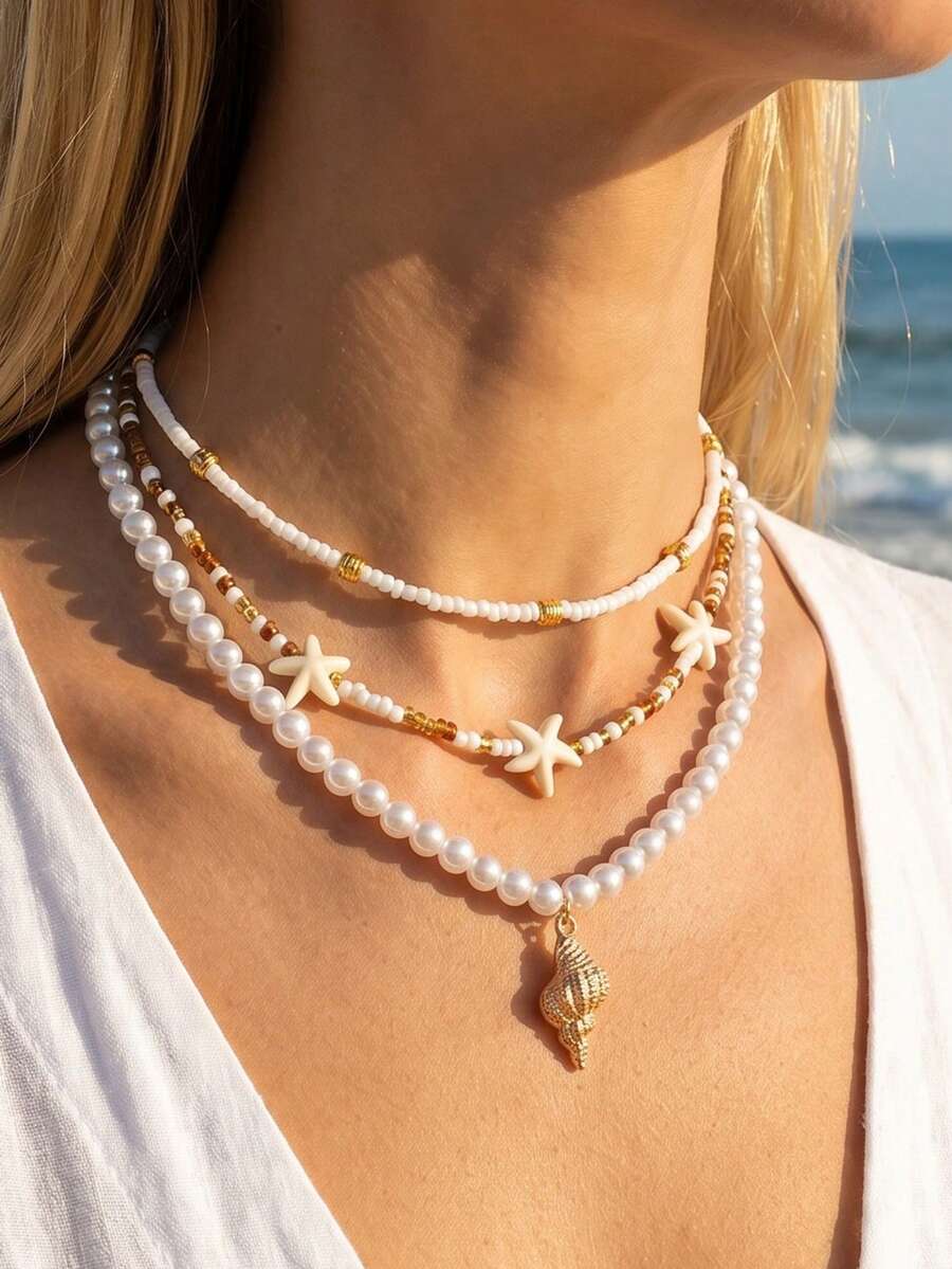 NAIZHU Set de 3 collares con colgante de estrella de mar y concha con estilo bohemio y oceánico, accesorios para mujer para uso diario, citas y vacaciones - Multicolor - Ver 1
