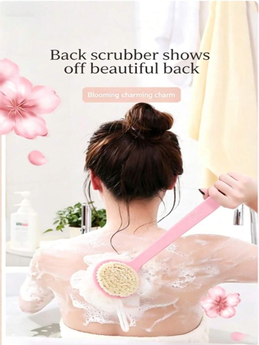 1 chiếc bàn chải tắm hai mặt cán dài có bông tắm, có thể dùng để tẩy tế bào chết cho lưng. - Nhiều màu - Xem 1