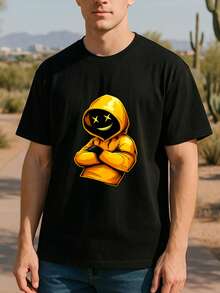 Men's T-Shirt With Yellow Cap And  Face, Summer Urban Fashion T-Shirt, Casual Short Sleeve T-Shirt, Round Neck Top, Comfortable And Breathable Casual Sports Top. - 黑色 - 查看 2