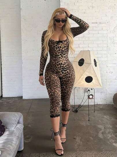 Women's Sexy Backless Leopard Print Jumpsuit, Long Sleeve Round Neck With Bow Decor, Contrast Lace Capri Pants, Fashionable And Sexy Club Party Outfit Spring Elegant