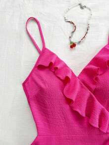 Summer Vacation Women's Leisure Rose Red Textured Fabric Waistband Ruffle Trim Wrap Knot Side A-Line  Cami Dress,Summer Dresses For Women - 玫紅色 - 查看 3