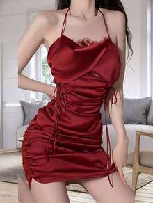 Lace See-Through Seductive Lace-Up Drawstring Camisole Nightdress - 棗紅 - 查看 2