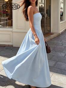 Aflion Women's Summer White Bandeau Midi Dress, Back Ruched Waist Flowy A-Line Long Dress, Suitable For Beach, Vacation, Daily Wear And Date Night - Sky Blue - View 8