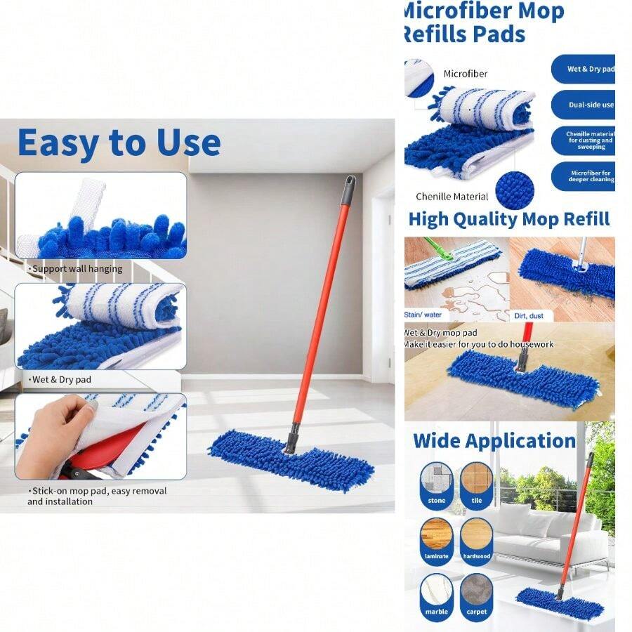 4 Pack Mop Heads Replacements Compatible With O-Cedar Dual-Action Flip Mop, Chenille+ Microfiber Mop Refills Dry/Wet Use, Reusable And Washable Dust Mop Cloths Hardwood Floor Cleaning - 4 chiếc màu xanh và đỏ - Xem 1