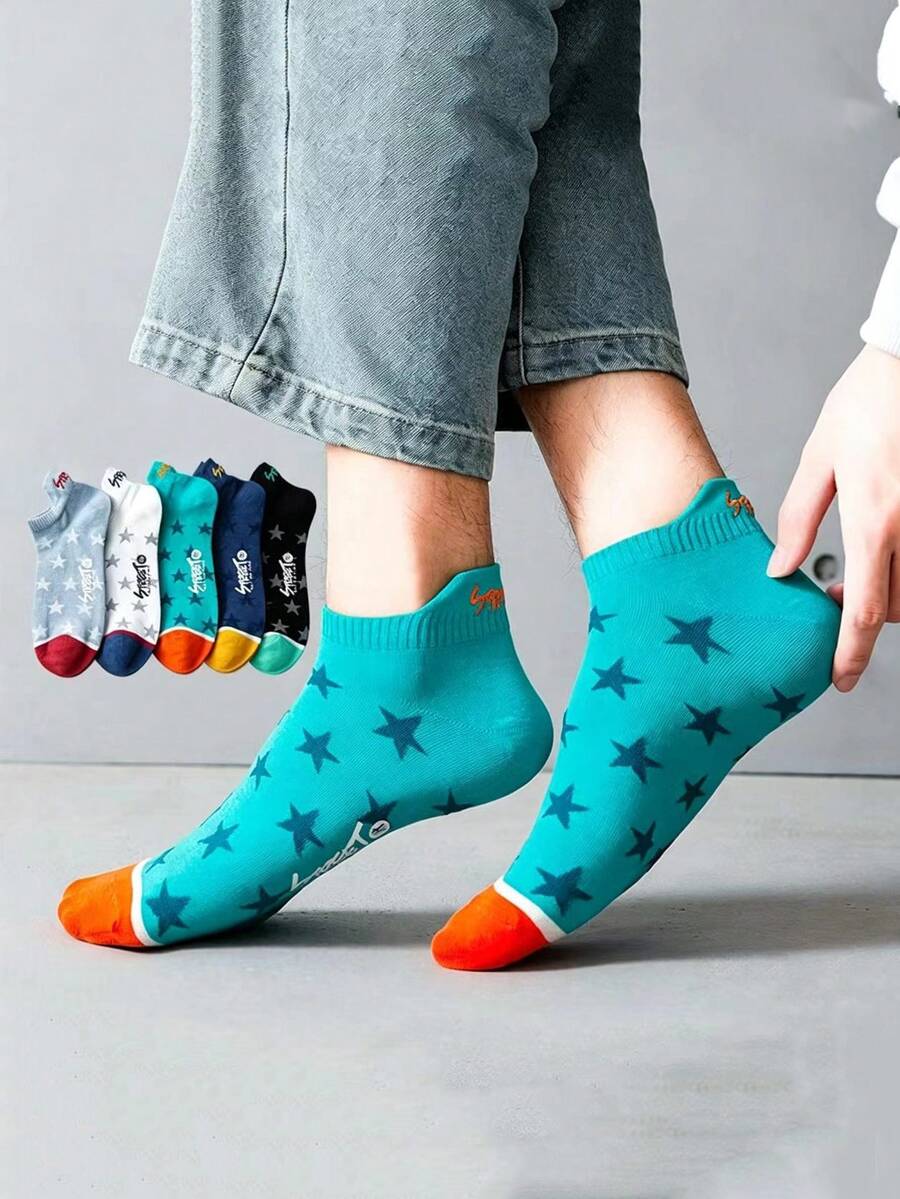 5 pares de calcetines personalizados para hombre con estampado de estrella en estilo callejero, en colores azul claro, blanco, azul claro, azul marino y negro, diseñados para uso diario - Multicolor - Ver 1