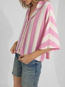 Relaxed Fit Striped Button-Down Shirt Carnation Pink - Pink - View 2