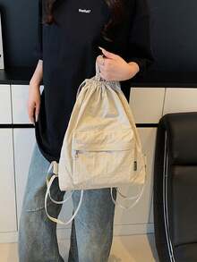 Sac à dos minimaliste décontracté avec cordon de serrage et poche, nouveau sac de sport pour le voyage, sac à dos simple et léger - Kaki - Voir 4