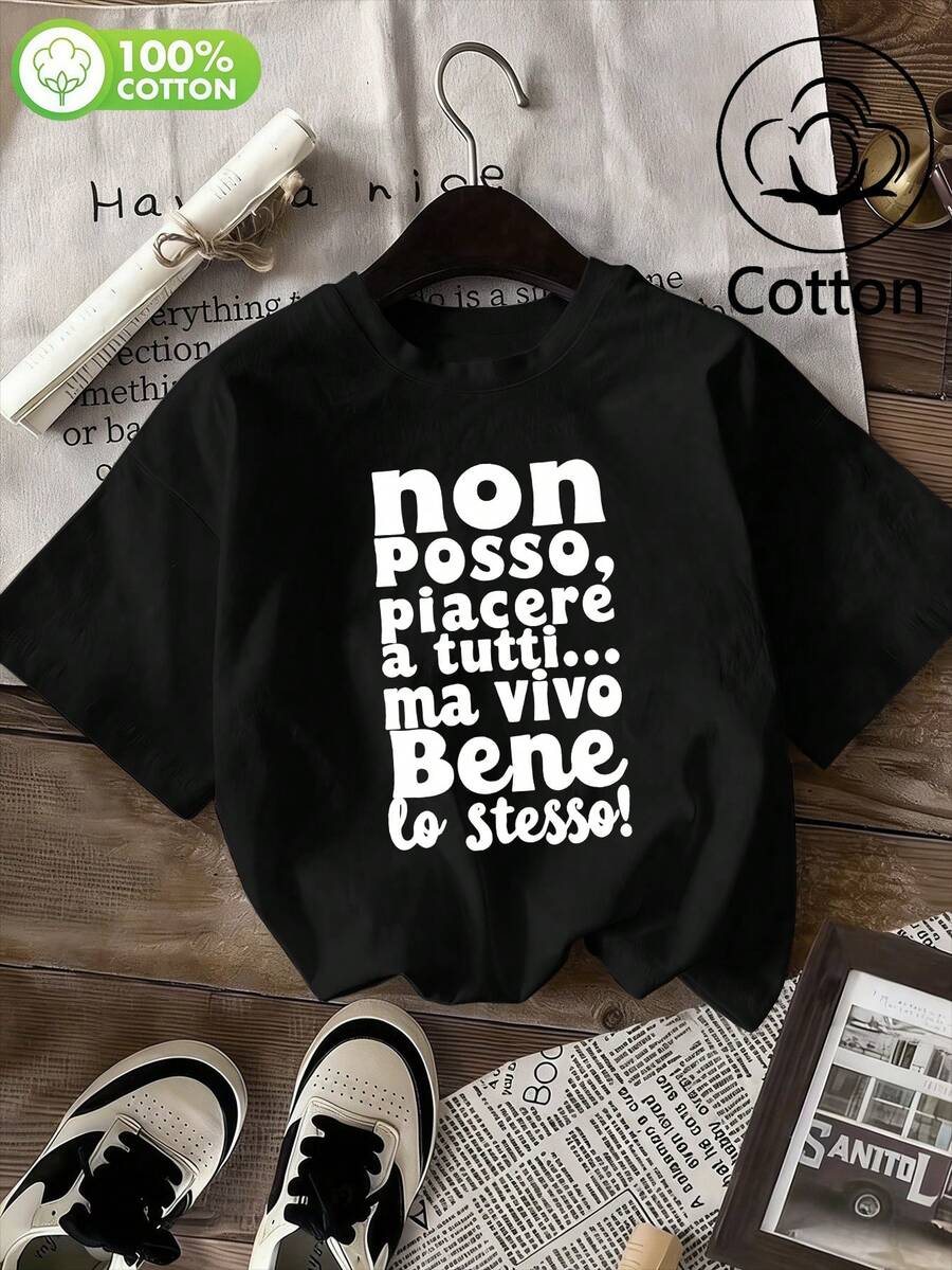 Women's Summer/Autumn T-Shirt, Personalized Slogan Print, Casual Sports Loose Fit Plus Size - Black - View 1