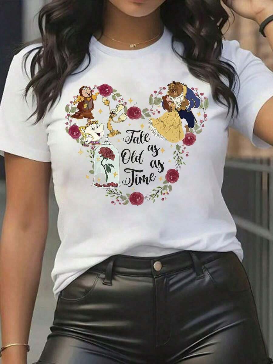 Disney Cartoon Love Flower Printed T-Shirt, Suitable For Daily Wear, Easy To Wear In Summer, Micro-Elastic, Soft Round Neck Casual Daily Shirt, Round Neck Summer Sweatshirt, Both Men And Women, Loose Version, Holiday Gifts.--Disneys Disneyland Paris The Magic Kingdom Disneyesque The House Of Mouse Mickey Mouse Empire Modest Summer Outfits Take That T Shirt Summer Coord Tops For Women Summer Summer Clothes Women Summer Clothes Summer Tops Summer Tops Women Summer Co Ord Summer Top Summer Outfits White Top Black Top Holiday Outfits For Women  Tops For Women Summer Holiday Gifts Valentine's Day Gifts Earth Day Gifts Oktoberfest Gifts Summer Bank Holiday Gifts - 白色 - 查看 1