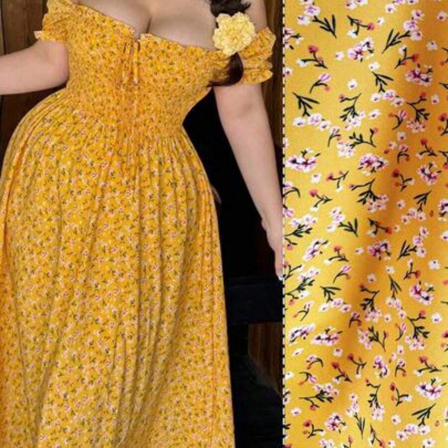 Vibekara Plus Size Fashionable Casual Ditsy Floral Waist Cinched Dress Yellow Maxi Dress Women Floral Maxi Dress Brunch Dresses Yellow Sundress Women Yellow Floral Dress - Amarillo - Ver 1