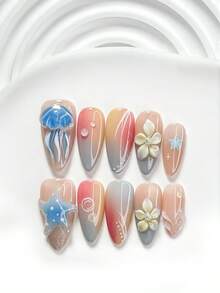 10 peças Conjunto de Arte de Unhas Estilo Oceano Sonhador Feito à Mão, Inclui Unhas de Gel, Decorações de Água-Viva, Estrela-do-Mar e Flor de Cinco Pétalas Esculpidas à Mão, Esmalte de Unhas Azul e Amarelo, Estilo Fresco de Verão, Acompanha Ferramentas de Arte de Unhas (1 peça Autocolante de Gelatina + 1 peça Lima de Unhas). Disponível em 3 Tamanhos: Unhas Quadradas, Unhas Quadradas Curtas, Unhas Amendoa. Adequado para Festas, Uso Diário, Eventos, Fotos, Deslocações Primavera/Verão e Outras Ocasiões. - Multicolorido - Ver 15
