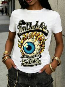 Women's Retro Kustom Culture Flame Eye Graphic T-Shirt, Vintage Eyeball & Fire Print Casual Cotton Crew Neck Tee - trắng - Xem 2