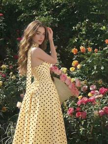 Vestido de verano de longitud media sin mangas con estampado de lunares elegante para mujer - amarillo ganso - Ver 1