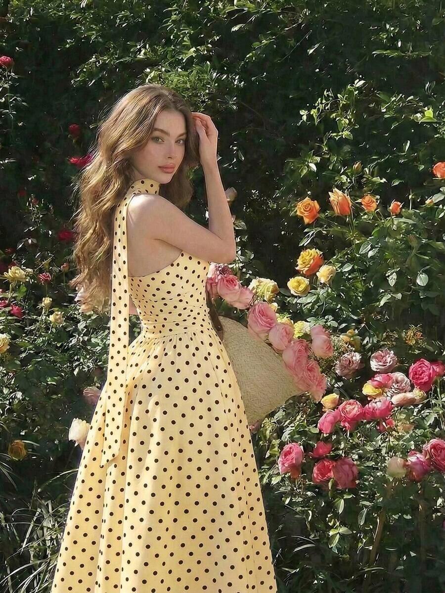 Vestido de verano de longitud media sin mangas con estampado de lunares elegante para mujer - amarillo ganso - Ver 1