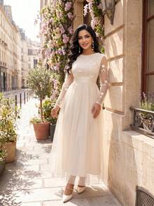 SHEIN Lady Ngày lễ tình nhân/Tiệc năm mới/Đa năng để mặc hàng ngày khi đi làm/Mặc trong mọi mùa Váy cưới ren màu be thêu hoa ba chiều Váy maxi thanh lịch dành cho nữ - Màu be - Xem 6