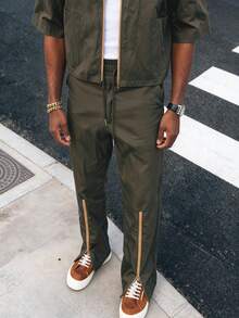 Men's Casual Street Zipper Drawstring Pocket Long Pants, Summer - Army Green - View 2