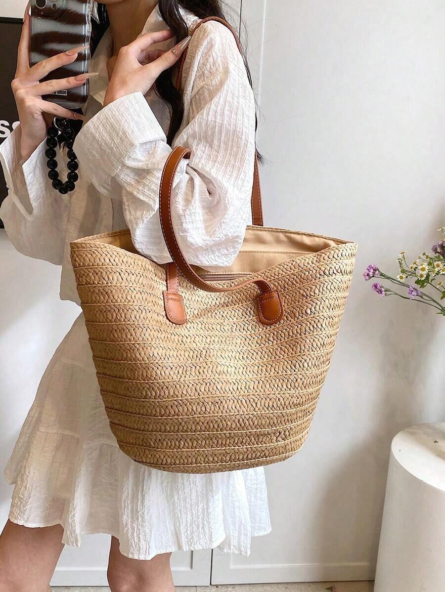 Fashionable Woven Tote Bag For Women,Large Capacity Shoulder Handbag,All-Match Commuter Outing Bucket Bag,Summer Women Bags For Vacation,Holiday, Straw Purse, Straw Beach Bag, Beach Necessities, Beach Essentials,Beach Stuff & Summer Essentials, Wicker Bag, Vacation Bag For Summer, Travel Must Haves, Fashion Summer Vacation Bag, Beach Essentials Women Bags For Vacation & Holiday - Màu Khaki - Xem 1