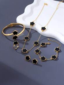 1 pièce set de bijoux mode pour femmes, comprenant : 1 pièce bracelet en matériau acrylique plaqué or, 1 pièce collier pendentif trèfle à cinq feuilles, 1 pièce bracelet, 1 pièce paire de boucles d'oreilles, 1 pièce bague - Noir - Voir 4