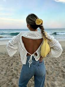 Damen modischer, vielseitiger, eleganter einfarbiger Pullover mit Hohlmuster, runder Ausschnitt, Langarm, für den Urlaub, Weiß - Weiss - Übersicht 2