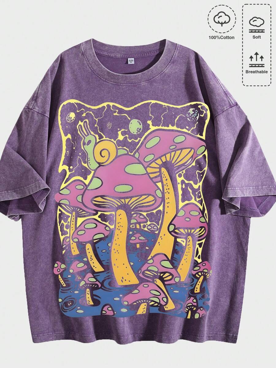 Psyche Delic Mushroom Forest With Snail Retro Comic Style Illustration Graphic Printed 230GSM Premium 100% Cotton Loose Drop Shoulder Pullover Short Sleeve Tee, Unisex Youth Casual Daily Wear Top, Ideal For Summer Beach Getaway, Daily Commute, Back To School Outfits, Holiday Gift Apparel, Essential Mens Clothes, Casual Graphic Tees Men, Versatile Graphic Tees For Daily Life - 紫色 - 查看 1