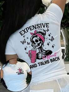 Camiseta de Mujer con Estampado de Calaveras - Una Camiseta Vanguardista de Cuello Redondo con Estampado de Mariposas y Estrellas, con el Eslógan "Expensive Talks Back", una Camiseta Casual de Manga Corta Transpirable para Primavera y Verano, una Camiseta Gráfica Elegante con un Ajuste Cómodo. - Blanco - Ver 6