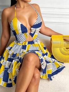 2026 Spring New Women's Clothing  European And American Cross-Border Dress Sexy Hollow Out Halter Neck V-Neck Tiered Dress - 藍黃色 - 查看 7