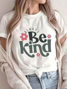 Blusa de manga corta con estampado "Women Forever Kind", camiseta casual de corte holgado con mensaje de bondad, lavable a máquina, ideal para atuendos casuales, regalos, camisetas transpirables de corte holgado para mujer, 100% algodón. - Blanco - Ver 8