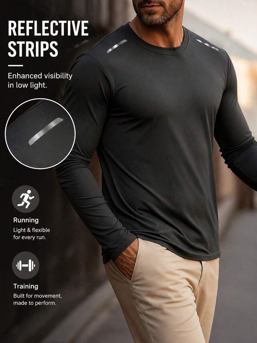 Men's Lightweight Crew Neck Long Sleeve Pullover T-Shirt For Casual Or Sports Wear Spring - Dark Grey - View 1