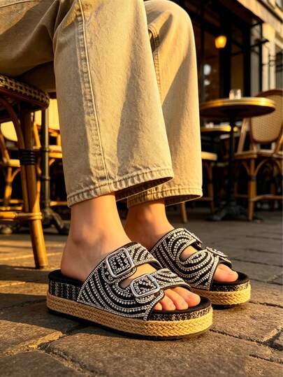 Dép lê một quai đính đá toàn bộ mới năm 2026 dành cho nữ, dép đế dày dệt kiểu Bohemian, sandal đế cao đa năng, lót mềm mại không gây mỏi, giày đi biển, kỹ thuật đính đá chịu nhiệt cao, có size lớn, không gây chật chội, tạo cảm giác thon gọn.