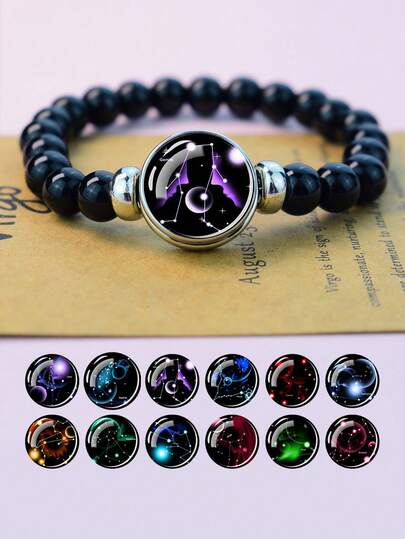 1PC Zodiac Constellation Beaded Bracelet, Starry Sky Glass Charm Black Bead Stretch Bracelet, Women's Astrology Jewelry