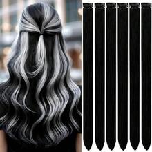 3/6pcs Long Straight Clip-In Hair Extensions For Women -20inch Black, White & Gray Synthetic Hairpieces For Daily Wear Or Halloween Parties,Y2K - Multicolor - View 9