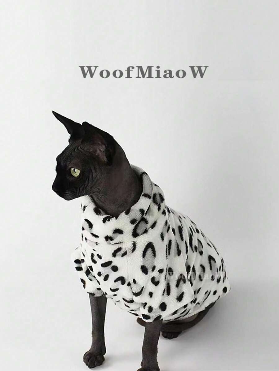 时尚冬季柔软保暖豹纹猫咪服装舒适加厚猫咪衣服,适合斯芬克斯猫、无毛猫幼猫穿着 - 黑與白 - 查看 1
