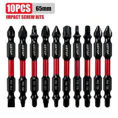 10pcs S2 Steel Double-Ended Multi-Specification Impact Screwdriver Bit Set, Including Cross, Square, Star, Slotted Bits, 65mm Magnetic Anti-Twist High Hardness