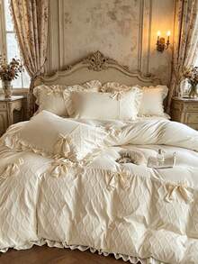 1 Set Princess Style Bow Ruffle Crafted Bedding Set, French Romantic Soft Bubble Gauze Jacquard Duvet Cover Set, Including 2 Pillowcases And 1 Duvet Cover, Suitable For Home Bedroom Wedding Decor - White - View 6