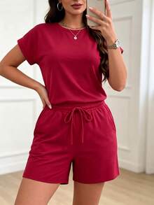 Frühlings-/Sommer-Damen-Set aus einfarbigem Kurzarm-Retro-Rundhals-T-Shirt und Shorts mit elastischem Bund und Kordelzug, minimalistisch sportlich-casual für Urlaub & Homewear, Pyjama-Stil, geeignet für Outdoor, Sport, Fitness, Laufen, Strand, Zuhause und andere Anlässe, Rot Elegant - Rot - Übersicht 5