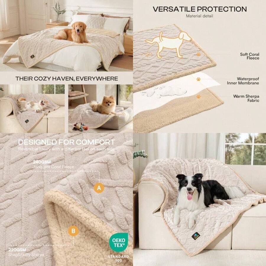 Manta impermeable para mascotas manta a prueba de orina líquida para sofá cama sofá reversible forro polar Sherpa para perros pequeños medianos y grandes color 65 x 57 pulgadas - Beige grueso - Ver 1