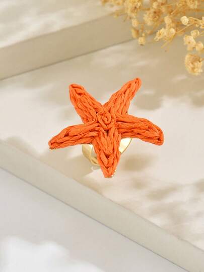 1pc Handmade Woven Starfish Open Ring, Macaron Colorful Raffia Bohemian Style Fresh Atmosphere Finger Ring, Adjustable Versatile Suitable For Beach, Picnic, Music Festival, Photo Shoot, Matching Outfit, Girlfriend/Mother's Day Gift, Delicate Energetic Girl Vacation Style