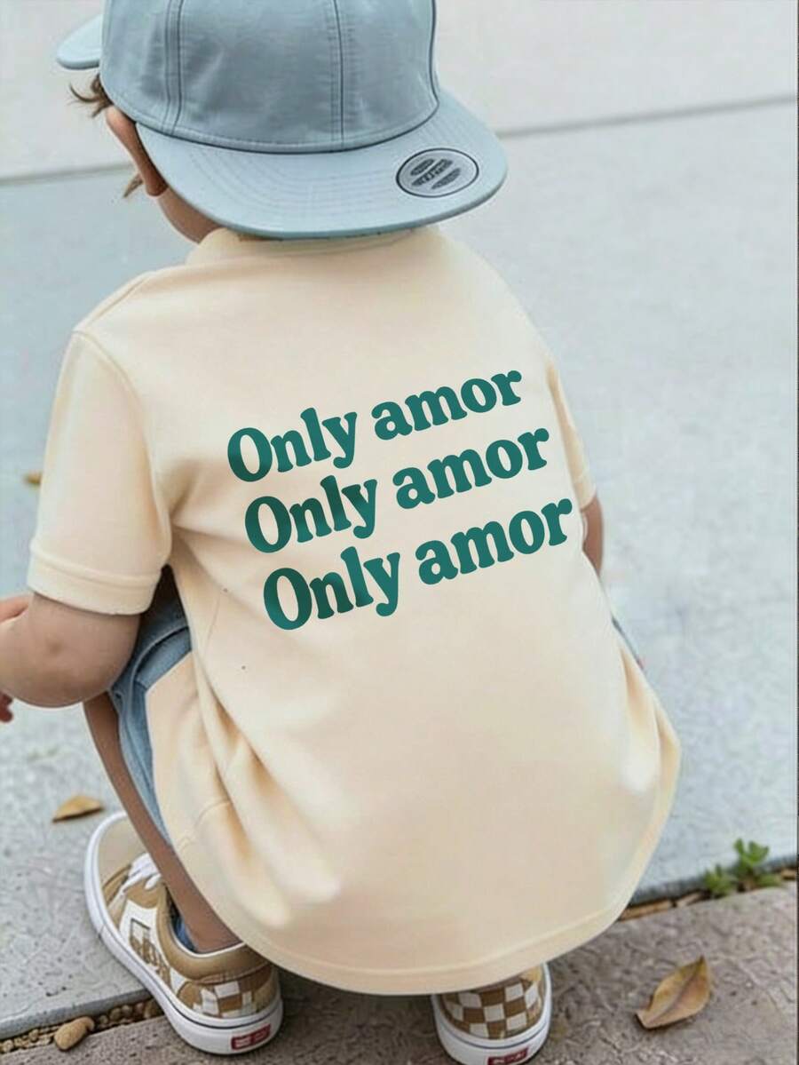 Baby Boy Minimalist Text Graphic T-Shirt, Soft Breathable Casual Summer Top - Apricot - View 1