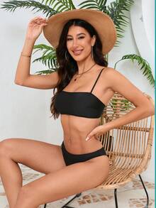 Sexy Two-Piece Solid Color Bikini Swimsuit With Straps - Black - View 3