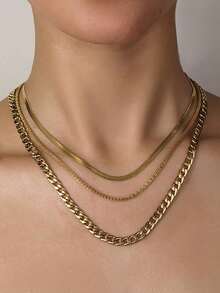 3pcs Stainless Steel Golden Yellow Simple Fashion Necklace Set - 黃金 - 查看 1
