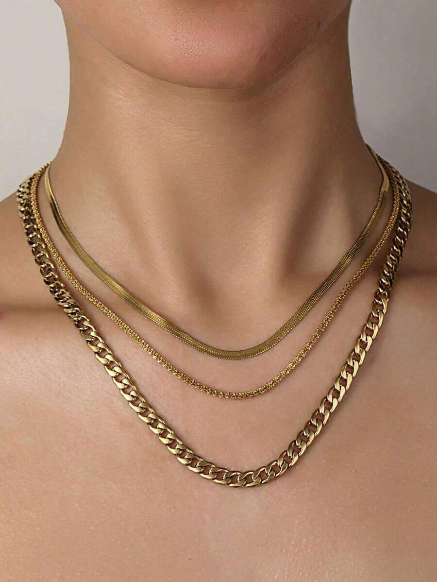 3pcs Stainless Steel Golden Yellow Simple Fashion Necklace Set - 黃金 - 查看 1