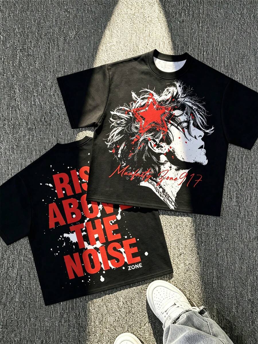 Áo thun nam màu đen in hình chân dung ngôi sao "Beyond Noise" dáng rộng, phong cách đường phố đầy cảm hứng. - màu đen - Xem 1