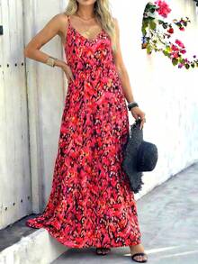 2026 Summer Plus Size Women's Bohemian Floral Print Deep V Backless Casual Sleeveless Maxi Dress - Fashionable And Elegant, Minimalist French Retro Romantic Style; Suitable For Daily Commute, Beach Vacation Wear In Spring And Summer Red - Red - View 5