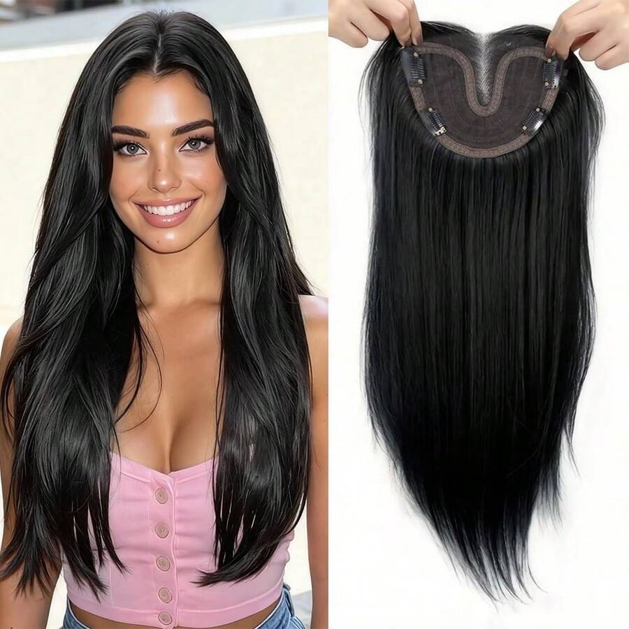 Women's Hair Topper, Suitable For Thin Hair, 18 Inch Straight Synthetic Hair Piece, Upgraded Lace Base, 4 Clips For Secure Wear, Adds Volume And Covers Thinning Crown, Black - Black - View 1