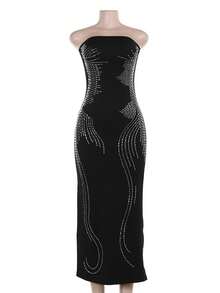 Bardot Neck Dress With Rhinestones And Decorative Wing, Figure-Flattering Cut - Black - View 5