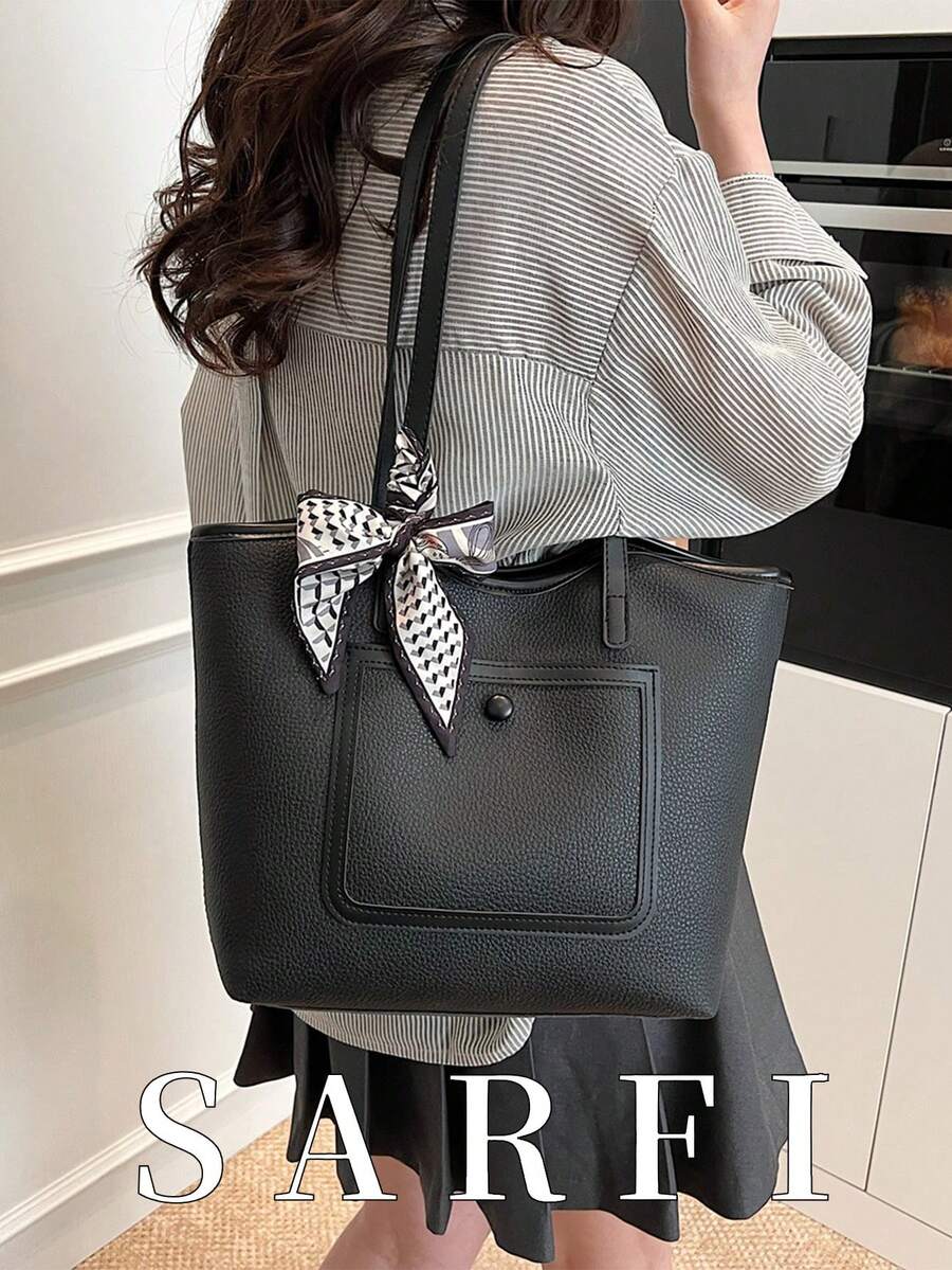 Bolso de mano de material de PU de unicolor con cierre de cremallera, cartera de mujer minimalista y clásica de uso múltiple, adecuada para compras, citas y viajes al trabajo - Negro - Ver 1