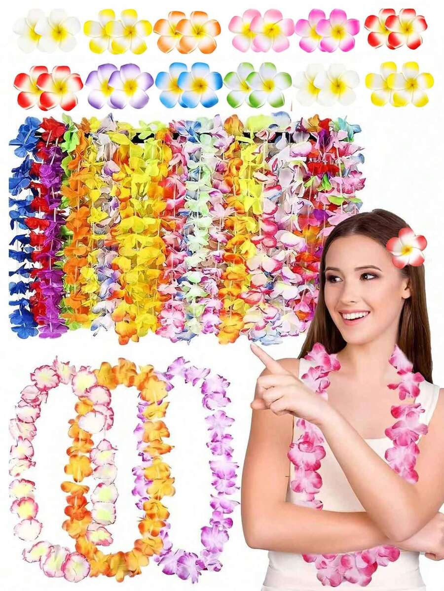 24pcs Hawaiian Themed Party Decoration Set, Including Tropical Flower Necklace, Bracelet, Hair Clips, Suitable For Summer Beach Party Decor And Gifts