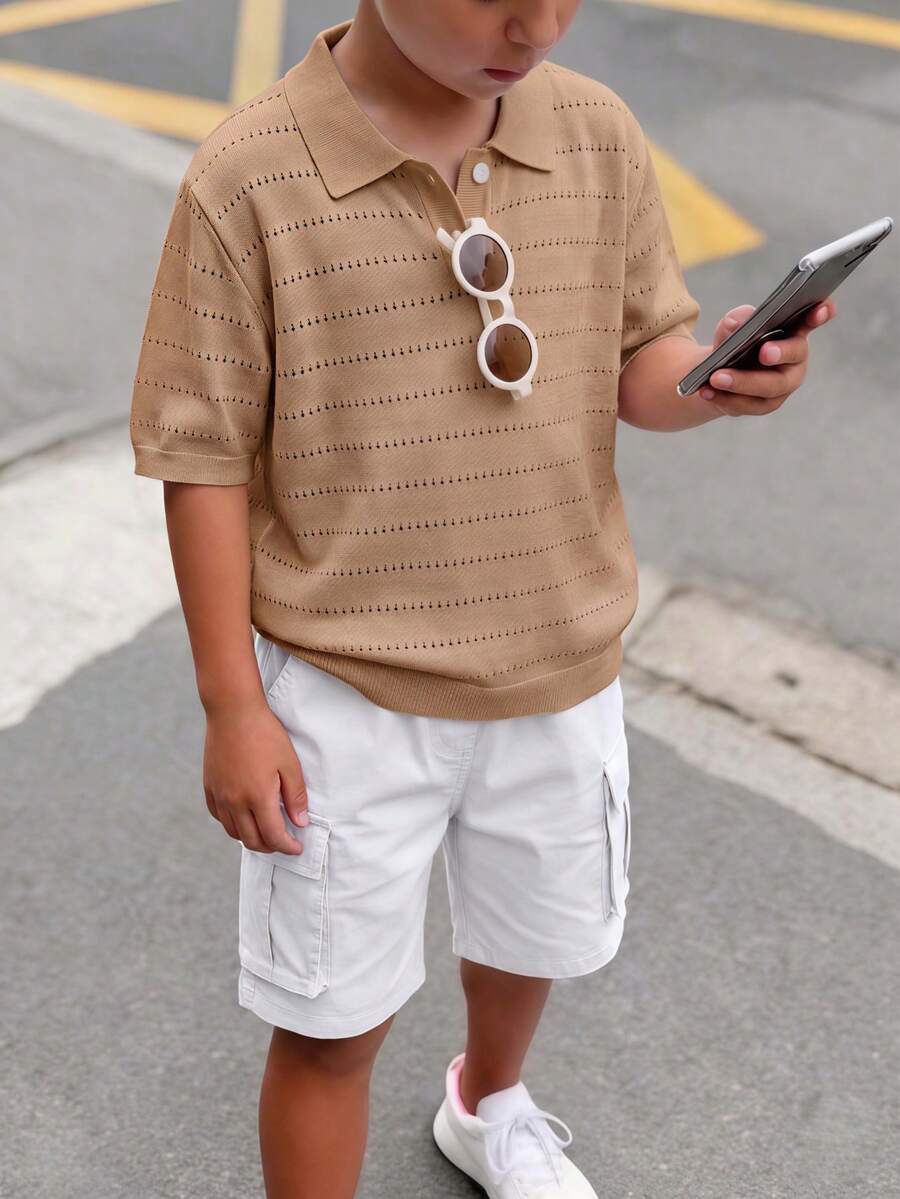 返校季男童小紳士學院風純色翻領短袖薄款透氣針織 Polo 針織套頭上衣,適合日常穿著、夏季、秋季、度假 - 卡其色 - 查看 1